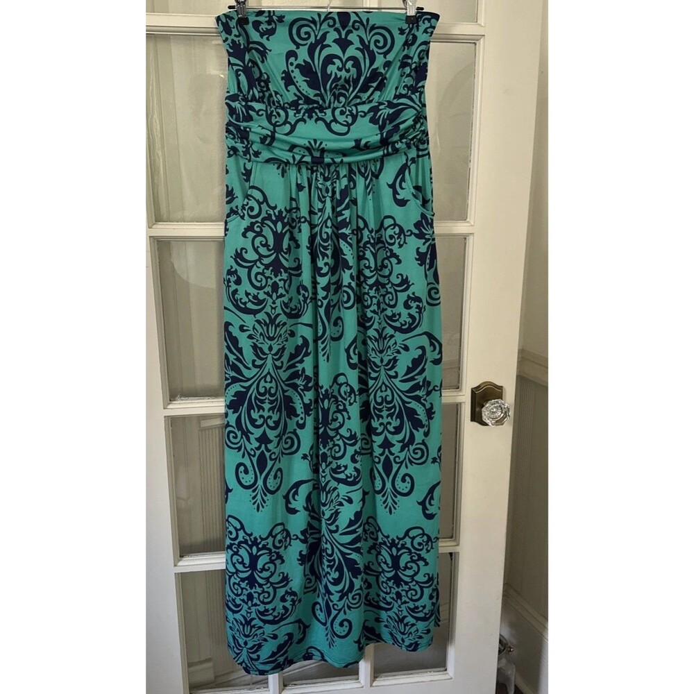 Strapless Maxi Dress Turquoise & Navy Blue Womens Large Pockets